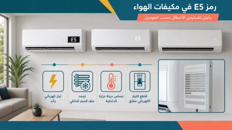 مكيفات تعرض E5 مع مقارنة حماية التيار والتجمد وحساس الحرارة وقاطع الكهرباء