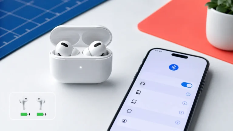 Wireless earbuds in an open charging case beside Bluetooth settings and battery indicators