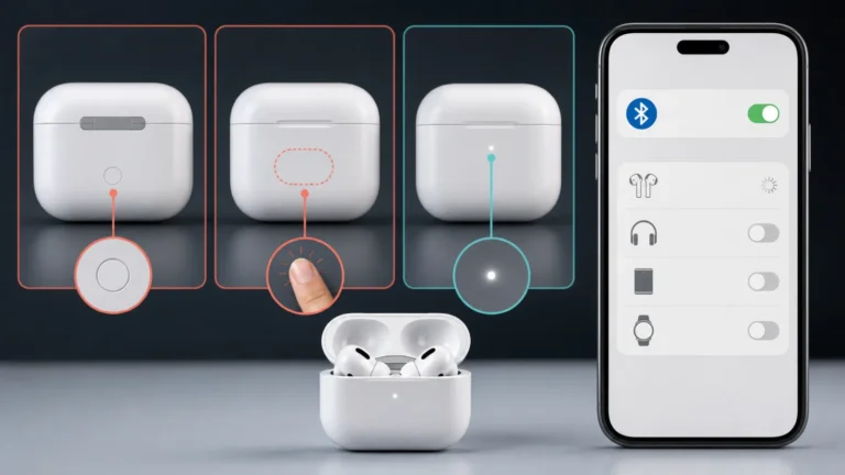Tres métodos de emparejamiento de auriculares inalámbricos con estuche y teléfono mostrando Bluetooth