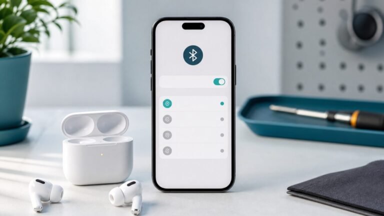 Boîtier AirPods ouvert près d’un iPhone pendant le diagnostic Bluetooth