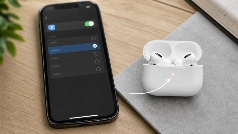 AirPods داخل علبة الشحن قرب iPhone يعرض Bluetooth مع مصباح الحالة وخطوة الاقتران