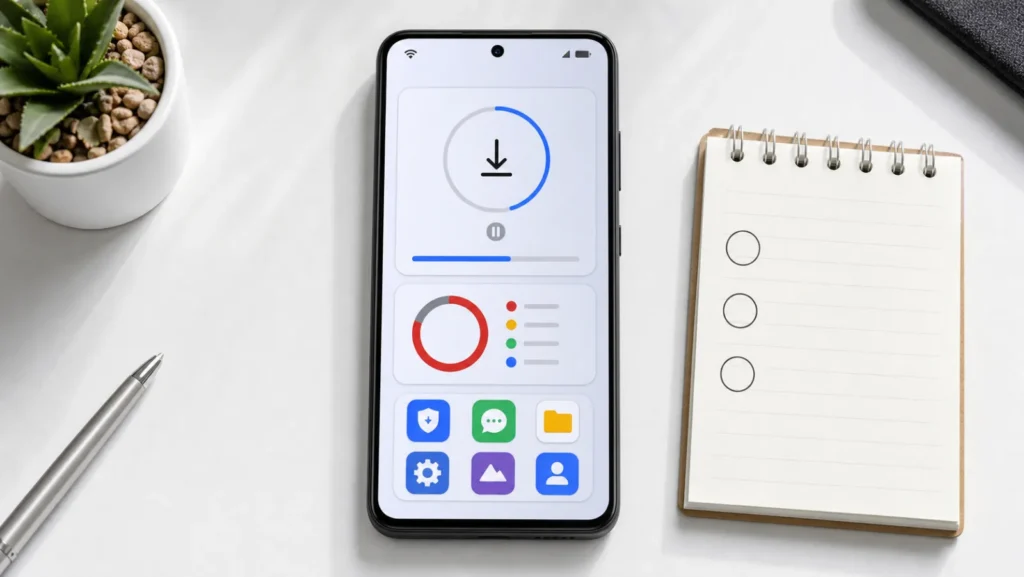 هاتف Android يعرض تنزيل تطبيق متعلقًا مع مؤشر مساحة التخزين وWi-Fi