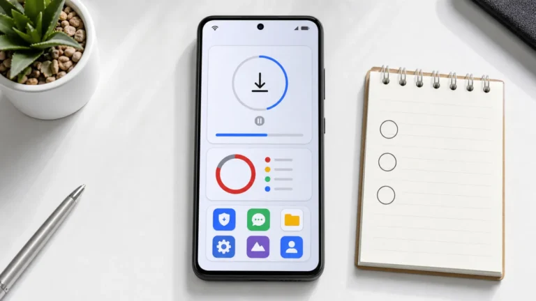 هاتف Android يعرض تنزيل تطبيق متعلقًا مع مؤشر مساحة التخزين وWi-Fi