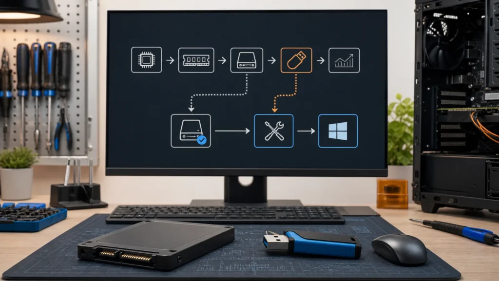 PC repair bench showing SSD detection, boot order and Windows recovery USB