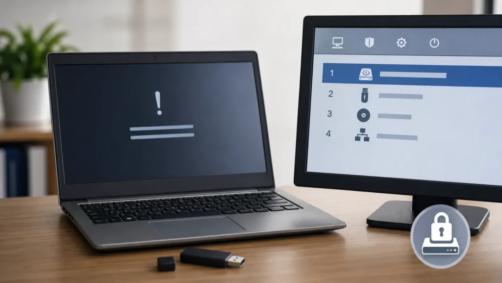 Ordinateur arrêté avant Windows avec ordre de démarrage USB disque et symbole de lecteur chiffré