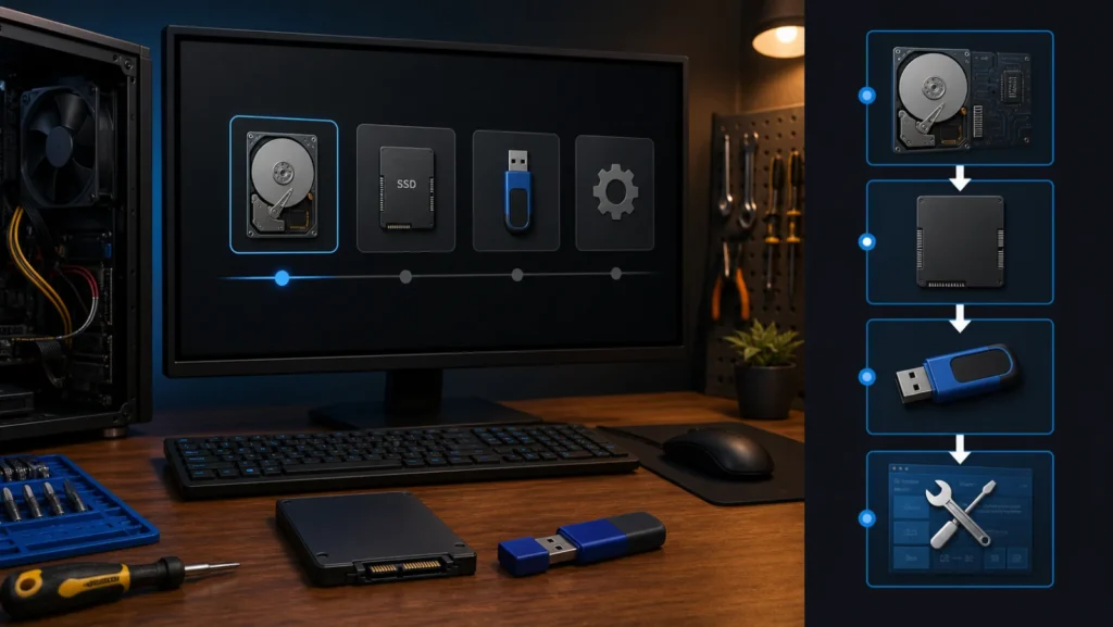 حاسب يعرض مسار فحص القرص وWindows Recovery USB لإصلاح BOOTMGR