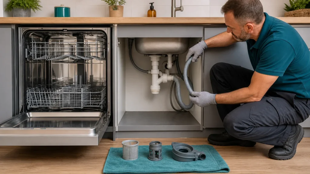 Dishwasher drain diagnosis with filter pump cover hose and sink siphon checked in order