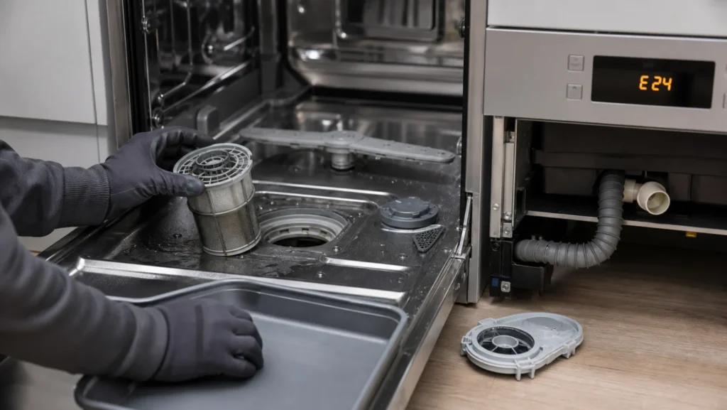 Diagnostic Bosch E24 avec filtre de lave-vaisselle, pompe de vidange, flexible et siphon