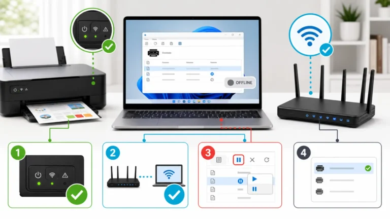 Impresora Canon, portátil Windows, cola de impresión y router separados en cuatro pruebas de estado y red