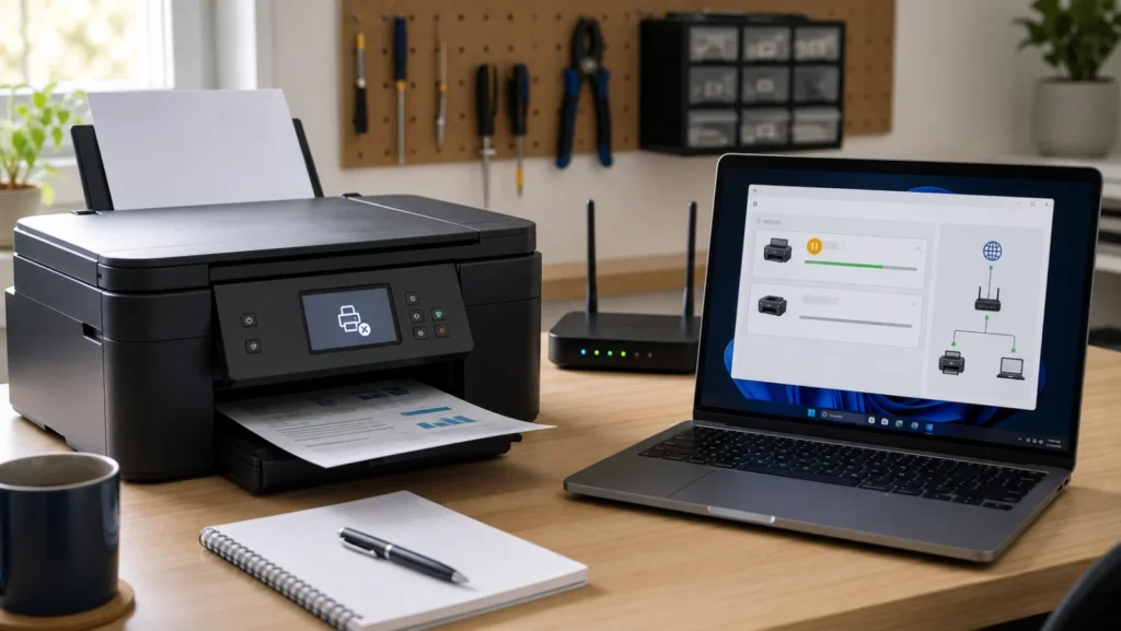 Canon-style printer offline beside Wi-Fi router and Windows laptop showing duplicate print queues