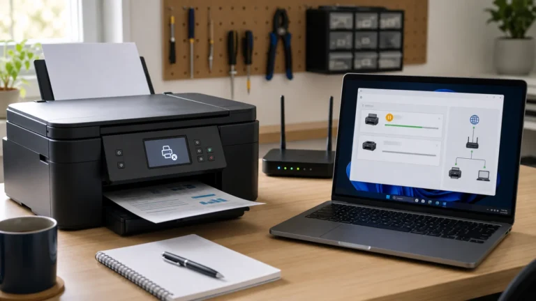 Canon-style printer offline beside Wi-Fi router and Windows laptop showing duplicate print queues