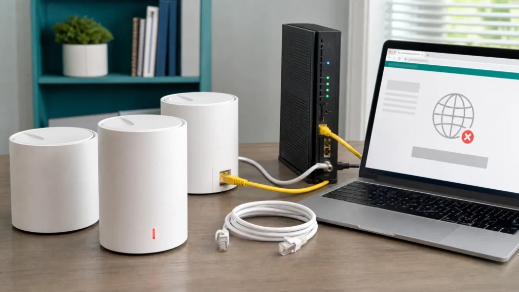 Three mesh Wi-Fi nodes with the main unit showing a solid red light beside modem cable and laptop internet test