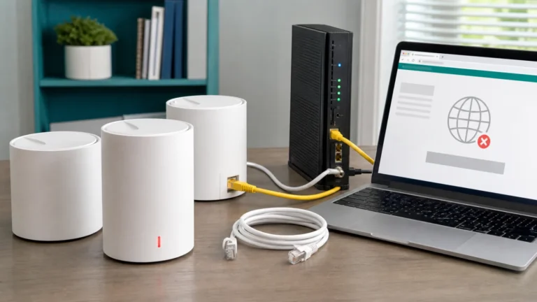 Three mesh Wi-Fi nodes with the main unit showing a solid red light beside modem cable and laptop internet test