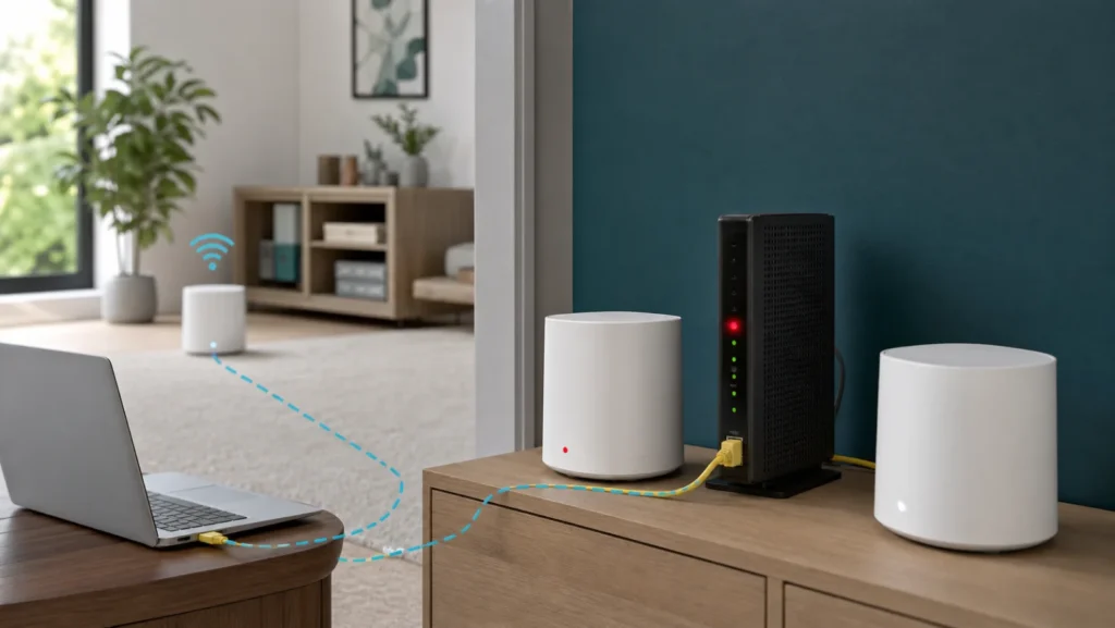 Réseau maillé avec Deco principal rouge relié au modem et satellites testés