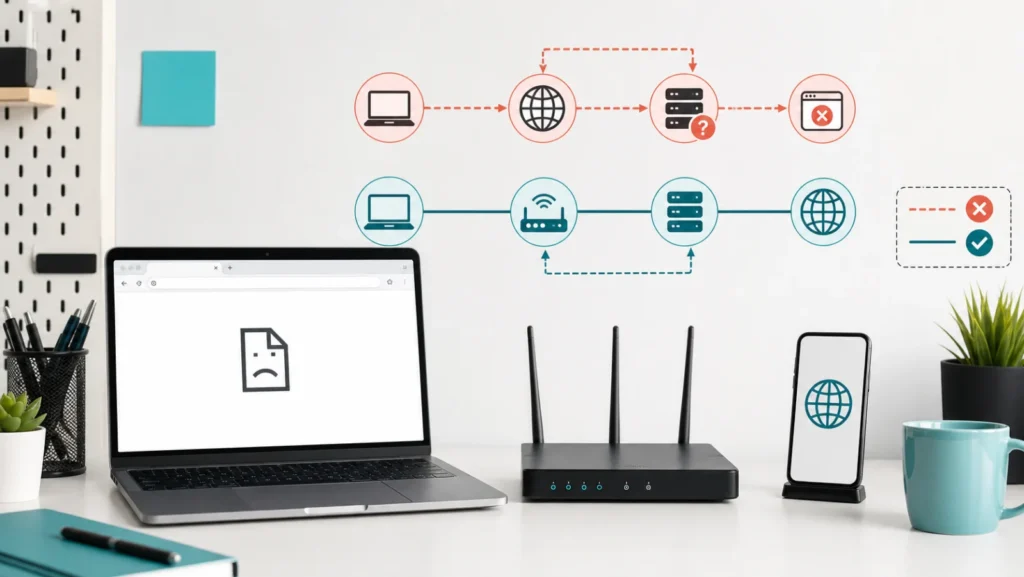 حاسب وراوتر وهاتف يوضحون الفرق بين اتصال الإنترنت وفشل مسار DNS