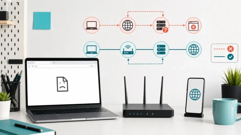 حاسب وراوتر وهاتف يوضحون الفرق بين اتصال الإنترنت وفشل مسار DNS