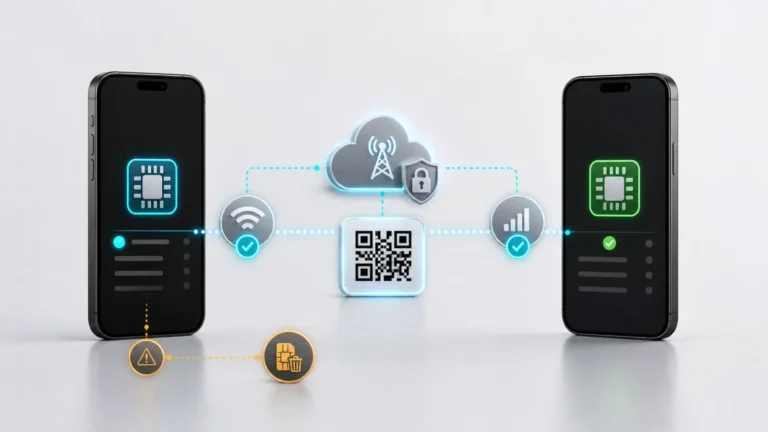 هاتف قديم وجديد مع نقل eSIM عبر شركة الاتصالات ورمز QR مع إبقاء الخط القديم حتى نجاح التفعيل