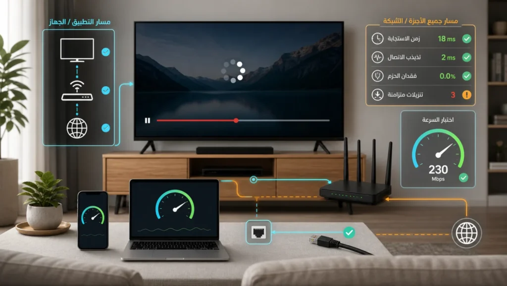 تلفزيون يتوقف أثناء الفيديو رغم سرعة عالية مع مقارنة التطبيق والجهاز والشبكة وEthernet وزمن الاستجابة والتذبذب