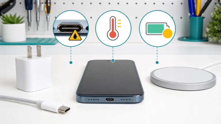 Smartphone USB-C charging test with cable adapter wireless charger and separate moisture heat and charge limit cues