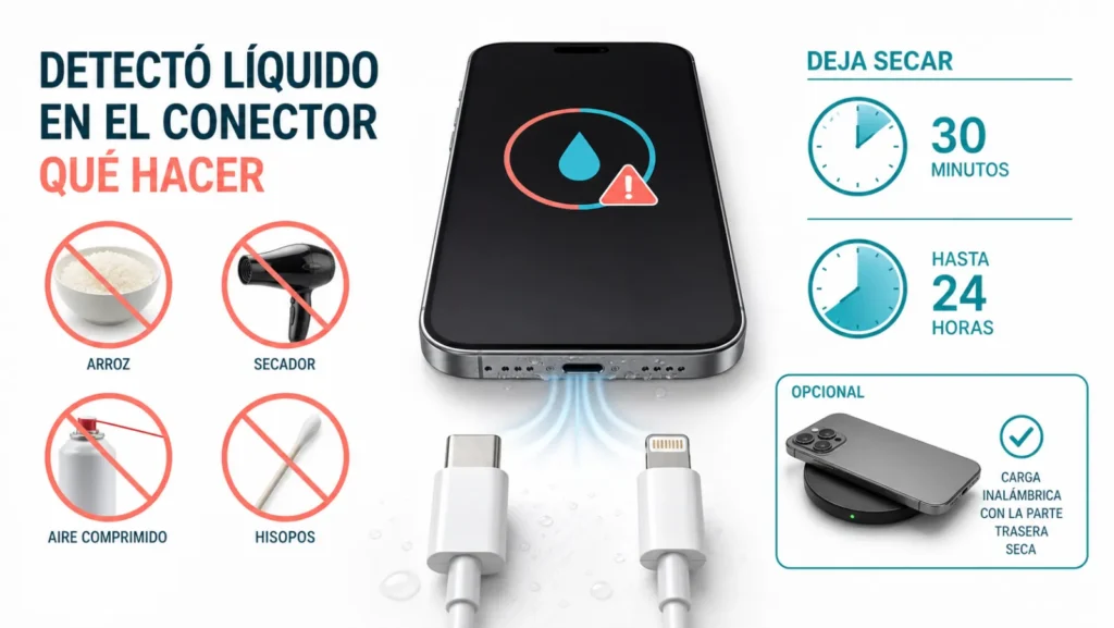 iPhone detecta líquido en USB-C o Lightning: esperar 30 minutos, hasta 24 horas, sin arroz, calor, aire comprimido ni bastoncillos