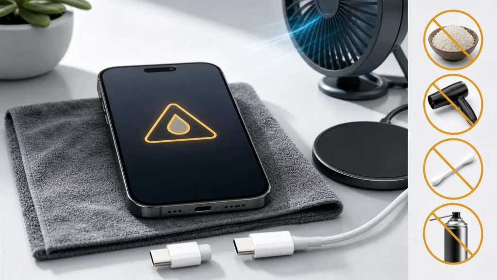 هاتف iPhone يجف بمنفذ الشحن إلى الأسفل بجانب كابل USB-C وقطعة قماش جافة