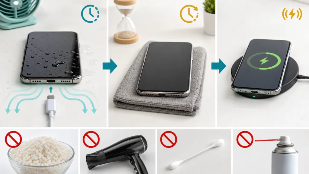 iPhone USB-C liquid alert drying timeline with cable disconnected and unsafe rice heat swab methods crossed out