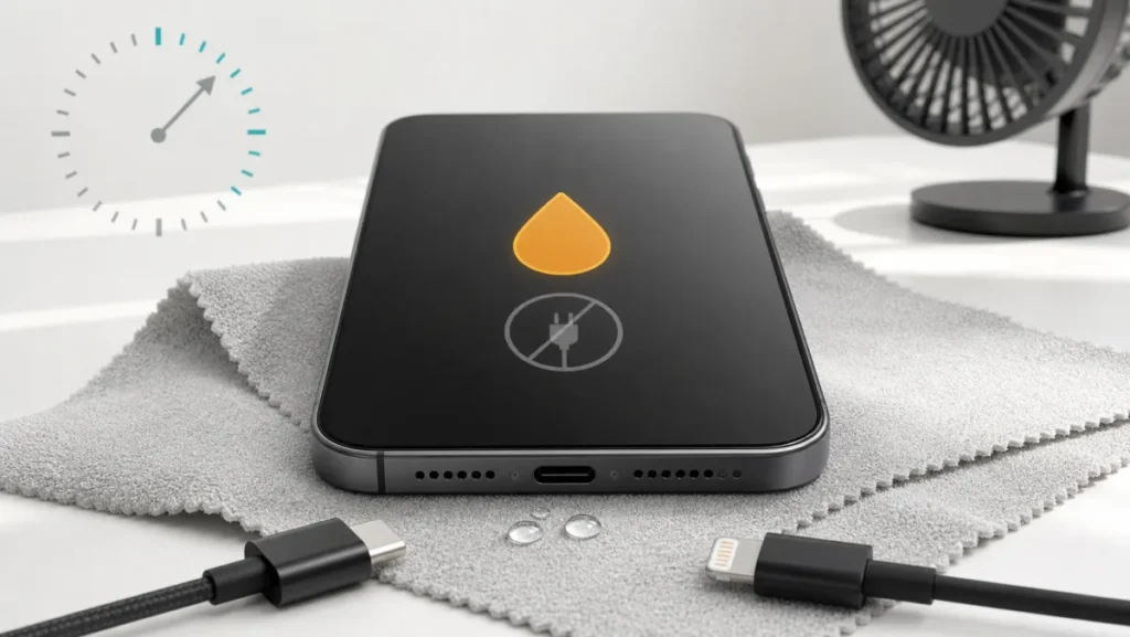 iPhone avec alerte de liquide, connecteurs USB-C et Lightning séparés et séchage à l’air frais