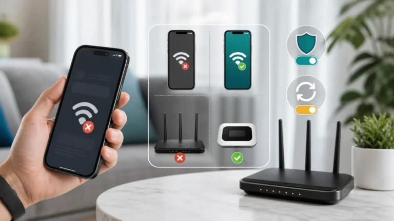 مستخدم يقارن اتصال iPhone بين راوتر منزلي ونقطة اتصال مع اختبار VPN