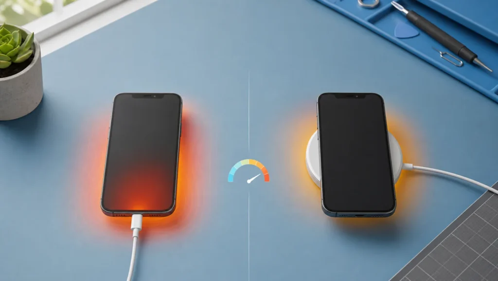 Dos teléfonos comparando carga por cable y carga inalámbrica con indicador térmico