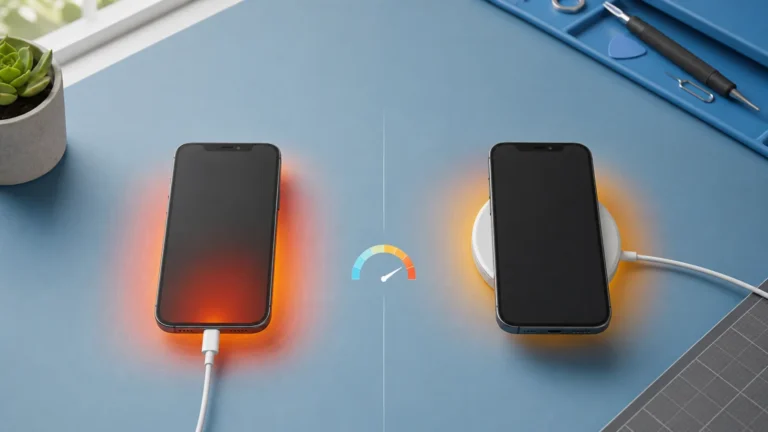 Dos teléfonos comparando carga por cable y carga inalámbrica con indicador térmico