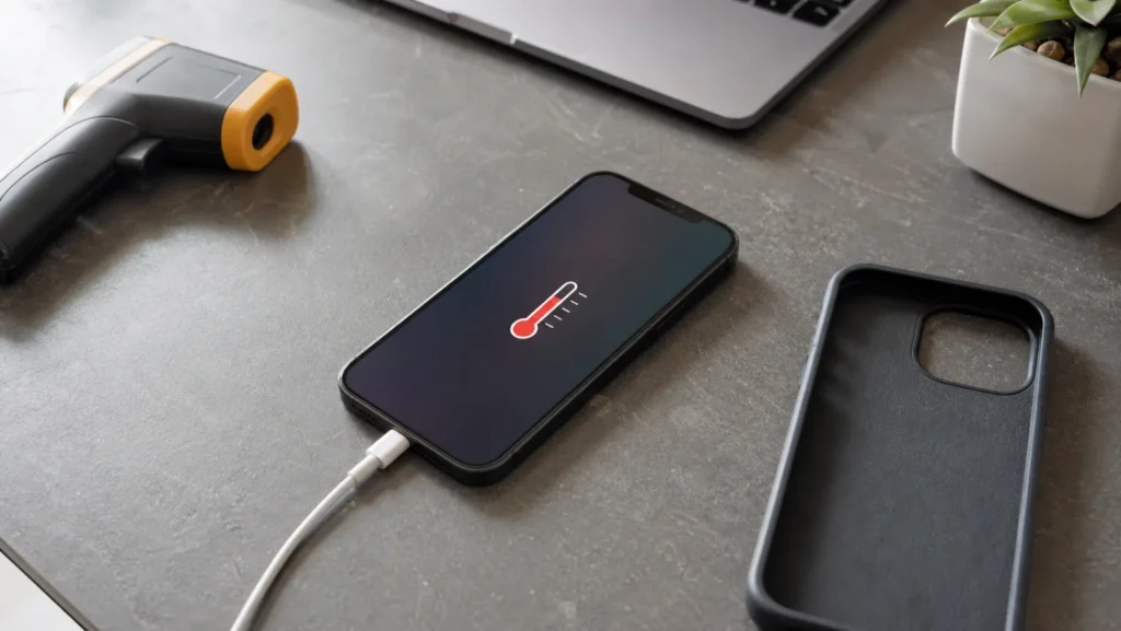 iPhone-style phone charging on a hard desk with case removed and infrared thermometer nearby