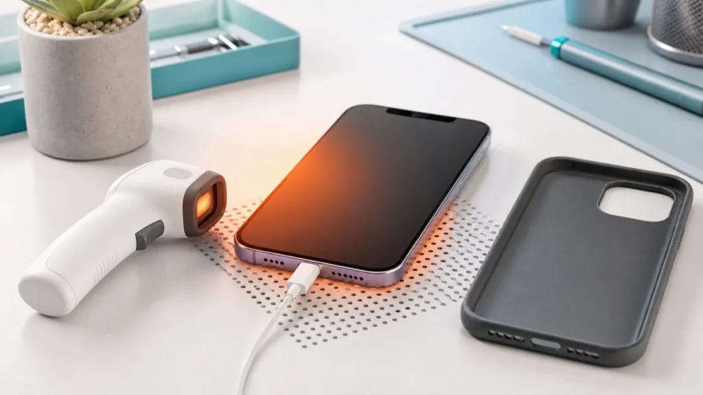 iPhone 14 en charge avec coque retirée pendant un contrôle de température