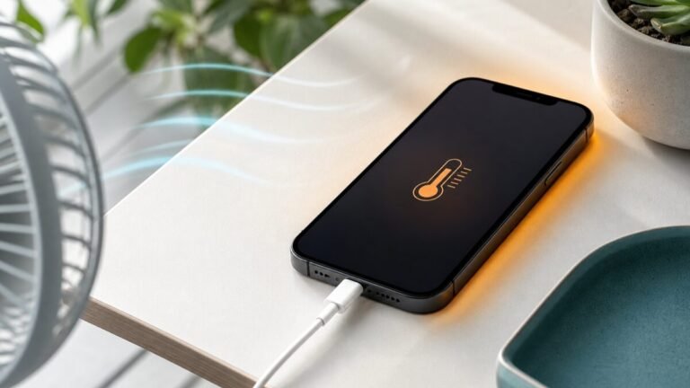 iPhone 14 موصول بالشاحن أثناء مراقبة الحرارة والتهوية