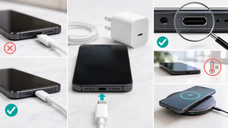 iPhone con pruebas de cable USB-C, adaptador, inspección del puerto, temperatura y carga inalámbrica