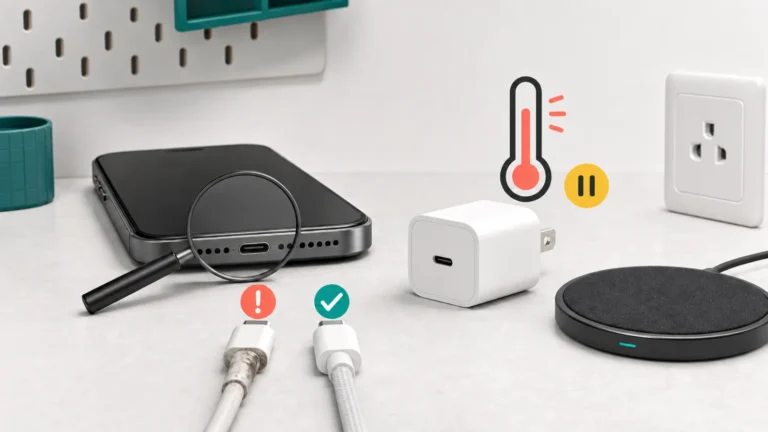 هاتف حديث ومنفذ USB-C تحت عدسة مع كابل تالف وآخر سليم ومحول طاقة ورمز حرارة وشاحن لاسلكي