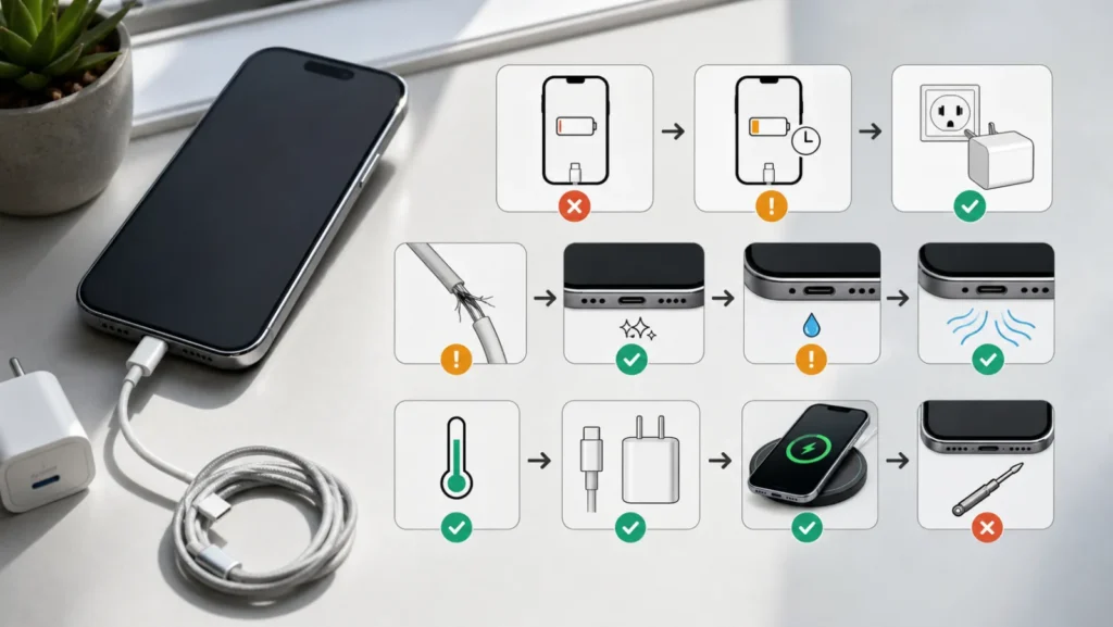 iPhone 16 ne charge pas par USB-C avec test de prise, câble endommagé, port sec, alerte liquide, température, charge sans fil et réparation