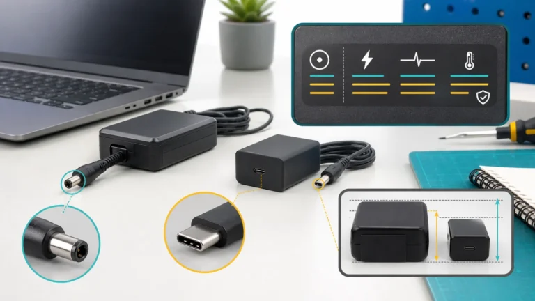 مقارنة شاحن لابتوب برأس دائري مع شاحن USB-C وكابل ومنفذ الطاقة