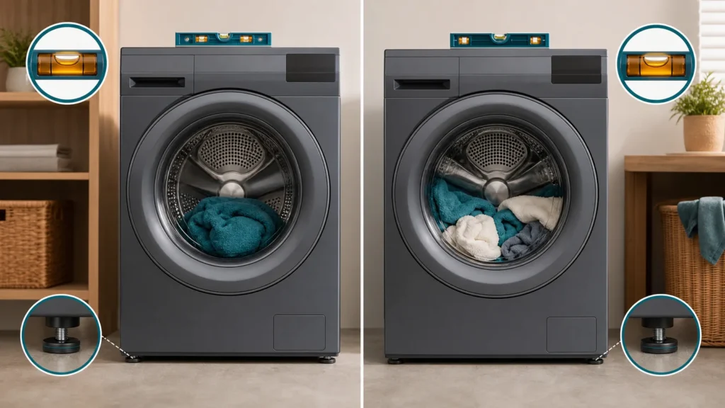 Two washer loads comparing a bunched heavy towel with balanced items plus level and adjustable feet