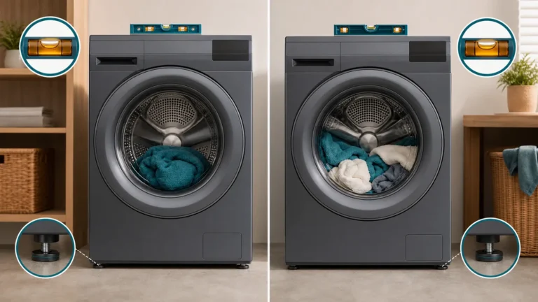 Two washer loads comparing a bunched heavy towel with balanced items plus level and adjustable feet