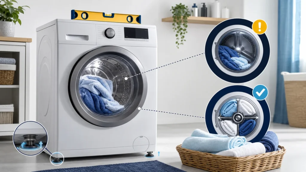 Lave-linge avec serviettes déséquilibrées comparaison charge répartie niveau à bulle et pieds réglables