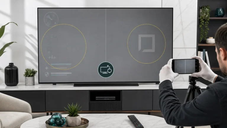 شاشة OLED رمادية تُصوّر للمقارنة بين ظل مؤقت وأثر ثابت مع رمز تنظيف البكسلات