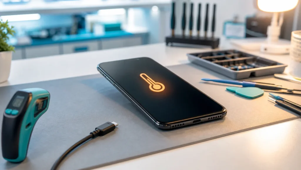 هاتف ذكي يعرض رمز حرارة على طاولة فحص مع كابل USB-C مفصول ومقياس حرارة بالأشعة