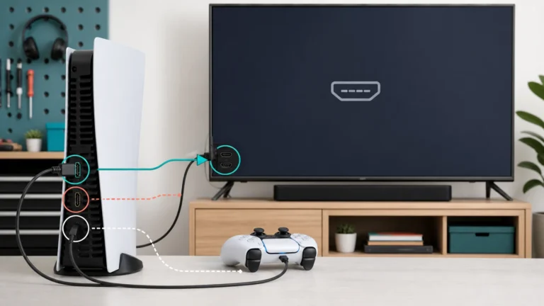 جهاز ألعاب PS5 متصل مباشرة بتلفزيون يعرض غياب إشارة HDMI مع يد تحكم موصولة بكابل USB للوضع الآمن