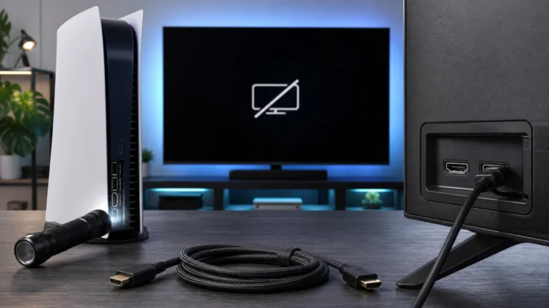 Game console HDMI port and known-good cable being checked beside a TV with no signal