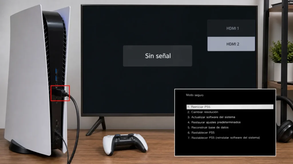 Consola PS5 conectada directamente a un televisor con cable HDMI y pantalla de modo seguro