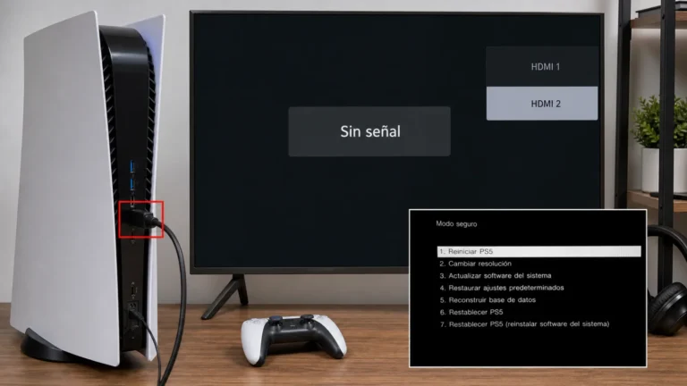 Consola PS5 conectada directamente a un televisor con cable HDMI y pantalla de modo seguro