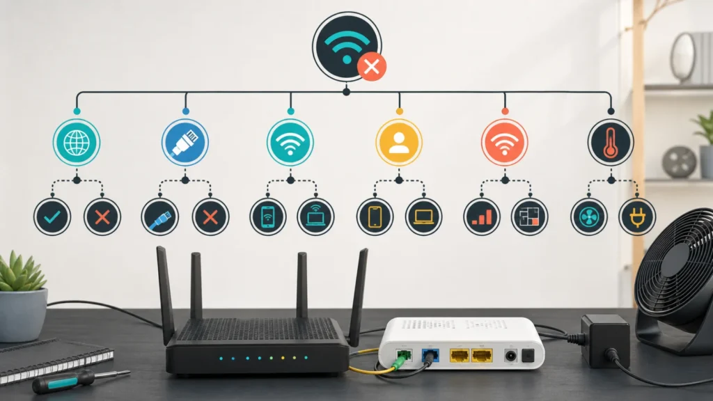 راوتر وONT مع مسارات تشخيص WAN وEthernet وWi-Fi والجهاز الواحد والإشارة والحرارة والطاقة