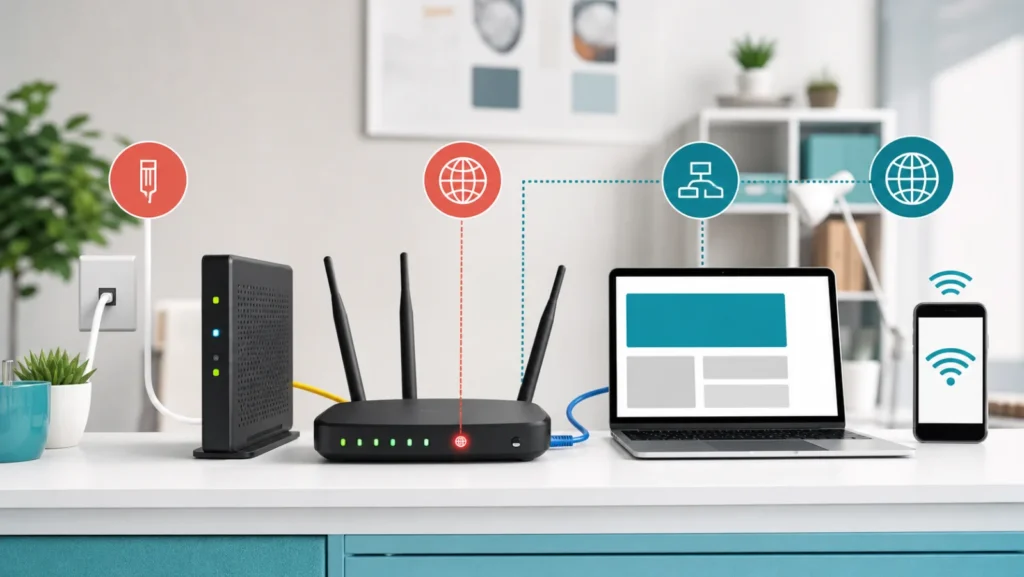 راوتر بلمبة إنترنت حمراء بجوار مودم واختبار Ethernet وهاتف Wi-Fi