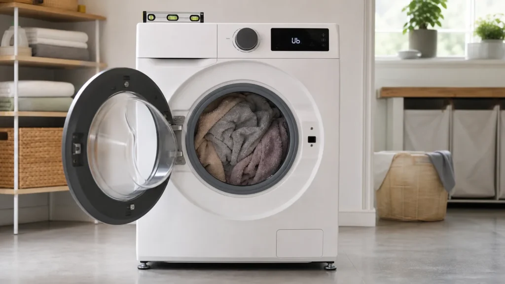 Lave-linge affichant Ub avec serviettes déséquilibrées, porte ouverte et niveau posé sur le dessus