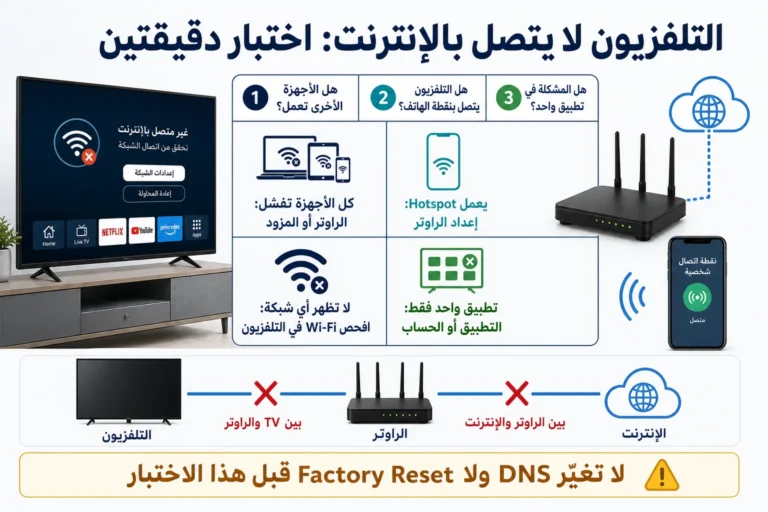 التلفزيون لا يتصل بالإنترنت مع اختبار الأجهزة الأخرى ونقطة اتصال الهاتف وتطبيق واحد ومسار TV إلى الراوتر إلى الإنترنت